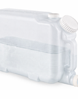 Large clear plastic container with a lid on a white background with clear liquid inside