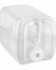 Large clear plastic container with a white lid and a handle with clear iiquid inside on a white background.