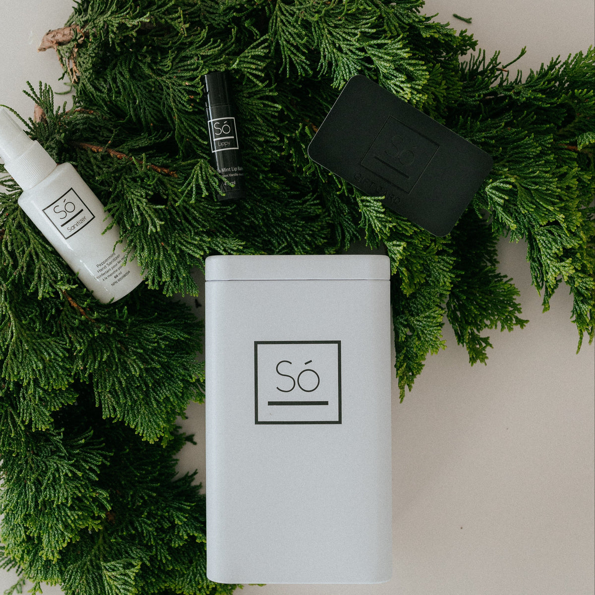 A styled flat-lay of Só branded products arranged on a bed of green pine branches. The set includes a white spray bottle of hand sanitizer, a black Só branded gift card, a black lip balm and a white rectangular tin with the Só logo.