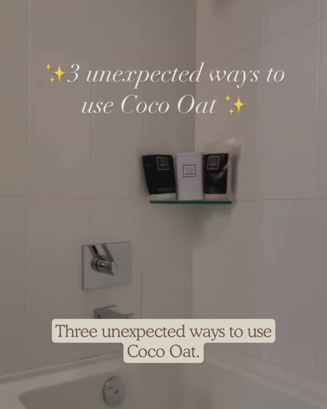 A video with voiceover depicting a bath tub with Só Luxury bath products, an arm with a red patch of eczema, coco oat being poured into a bowl with water and mixing, applying the mixture to the red patch of eczema, a ziploc bag of coco oat powder and a woman mixing water into the bag and putting her foot into the bag, a woman pouring coco oat into the bath and then drying her dog with  a towel and petting her dog.